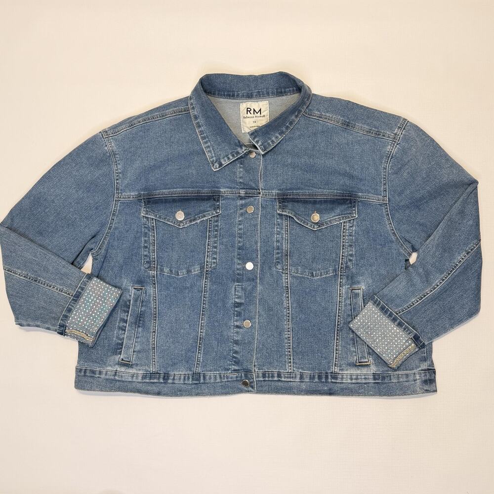 Rebecca Minkoff Denim Jacket Womens 1X Blue Button Front Embellished Cuffs